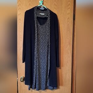 Black and Gold Patterned Dress with Long Open Cardigan